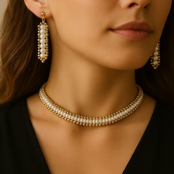 Vintage Jewelry - Vintage Freshwater Seed Pearl Gold Bead Necklace Earring Set Vintage 16” RTI 14K